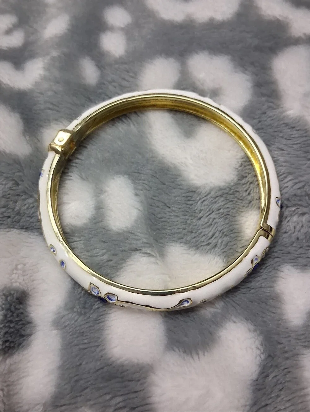 Elegant White Enamel Bangle Bracelet with Blue Floral Accents